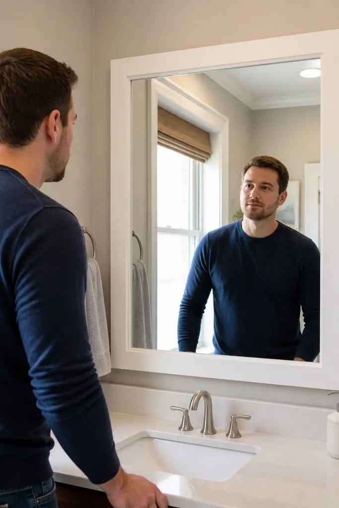 White-framed mirror over a small sink with warm bulb lighting