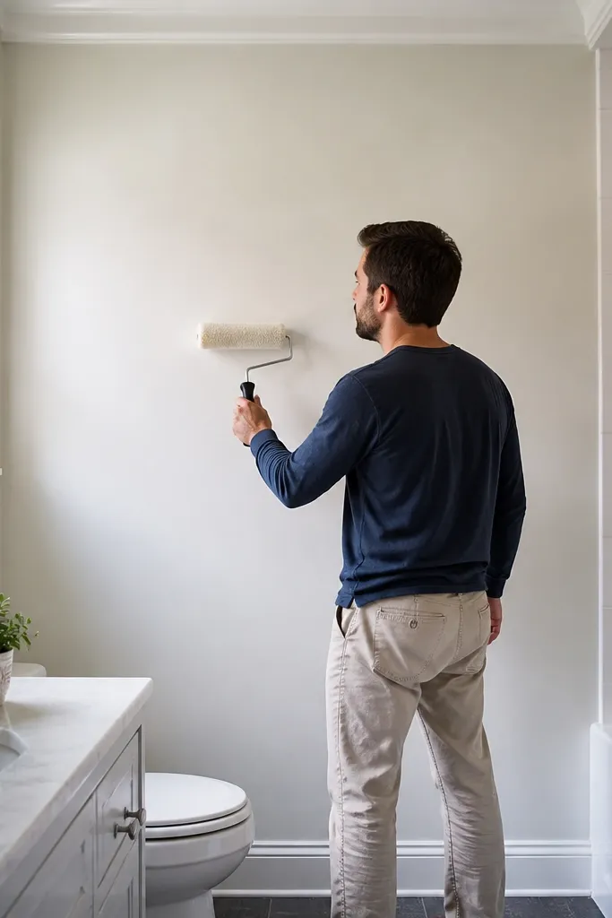 Warm white bathroom walls with crisp white trim and clean corners