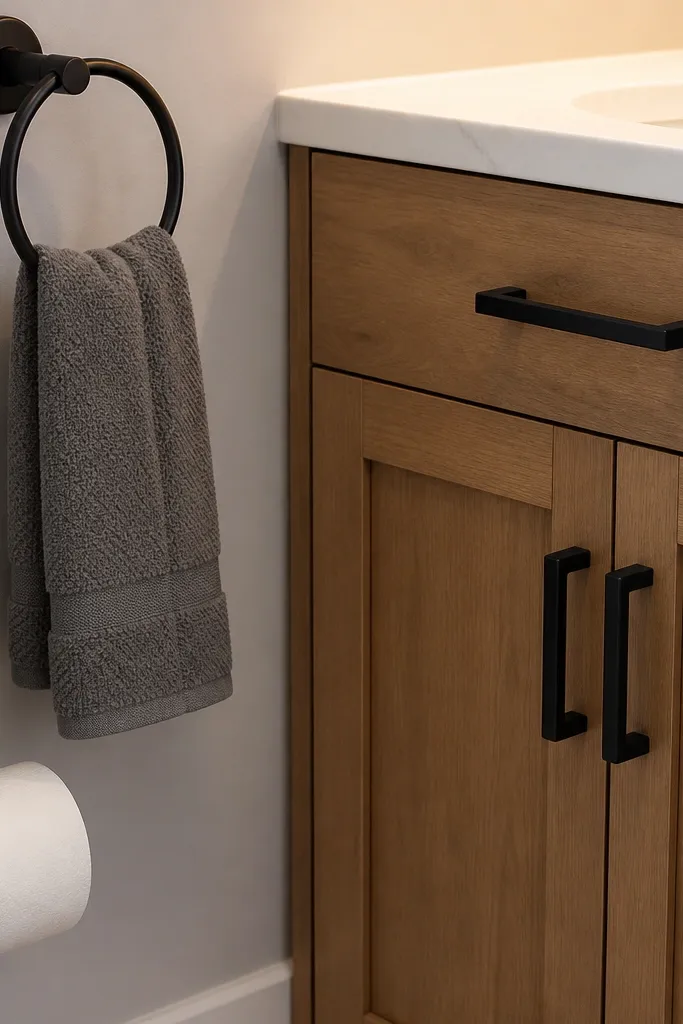 Matte black faucet and towel ring with coordinated cabinet pulls