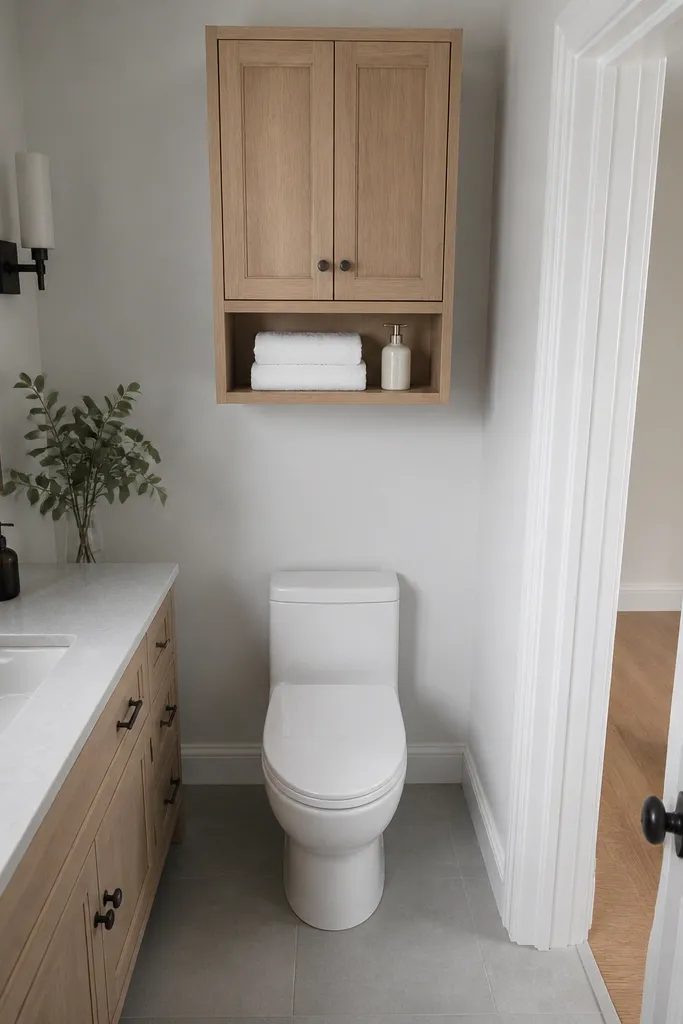 Narrow cabinet shelf above toilet with closed doors and clean lines