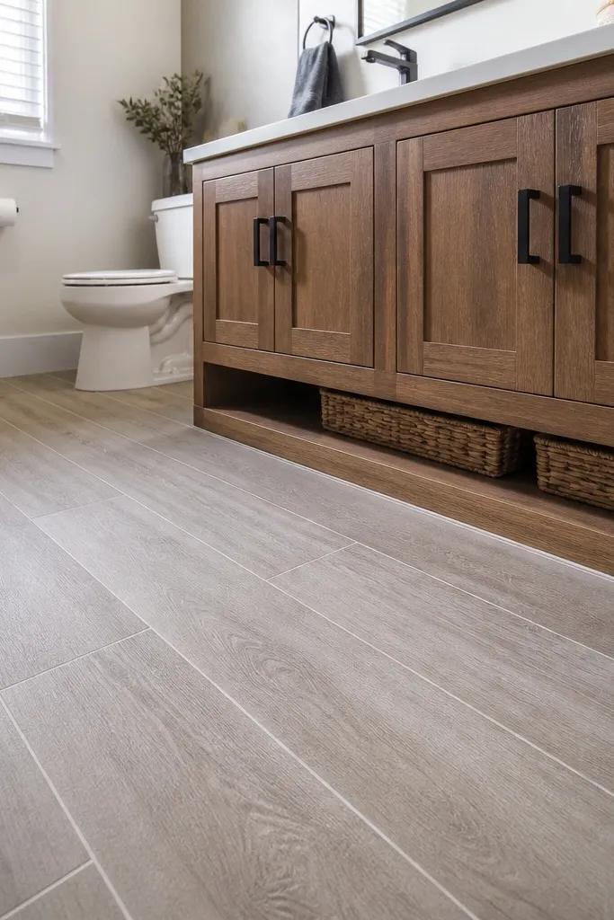 Matte gray peel-and-stick vinyl planks with straight layout lines