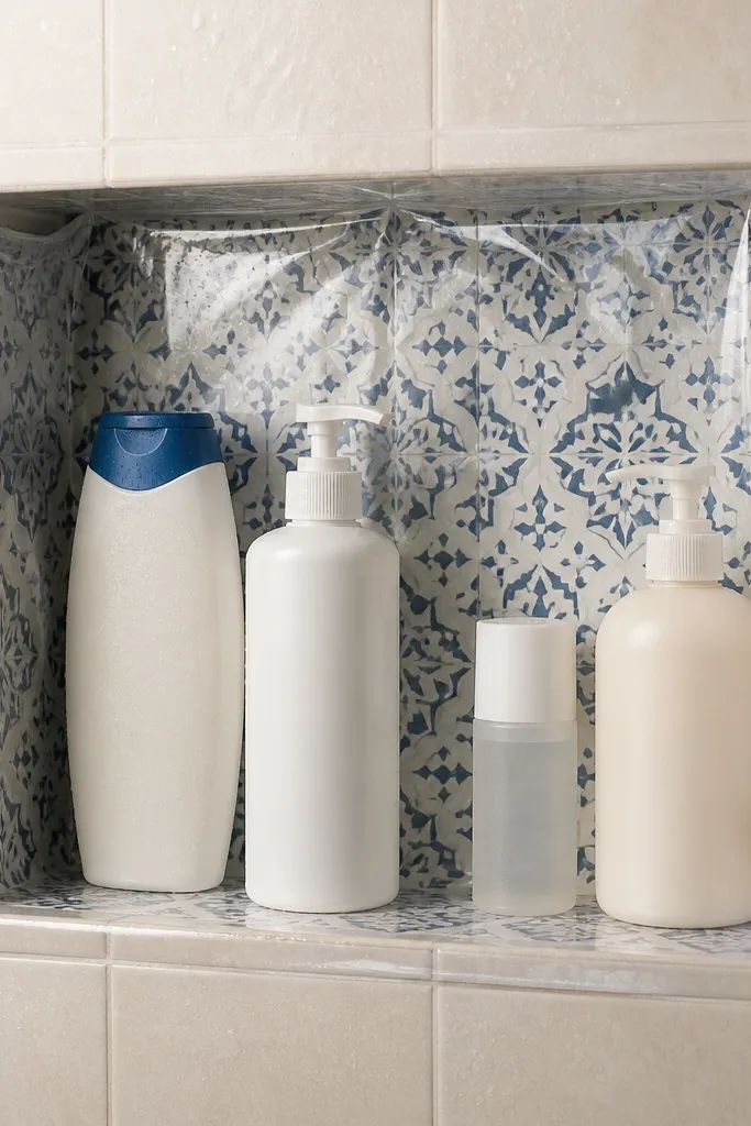 Small shower niche with neatly lined shelves and clean corners