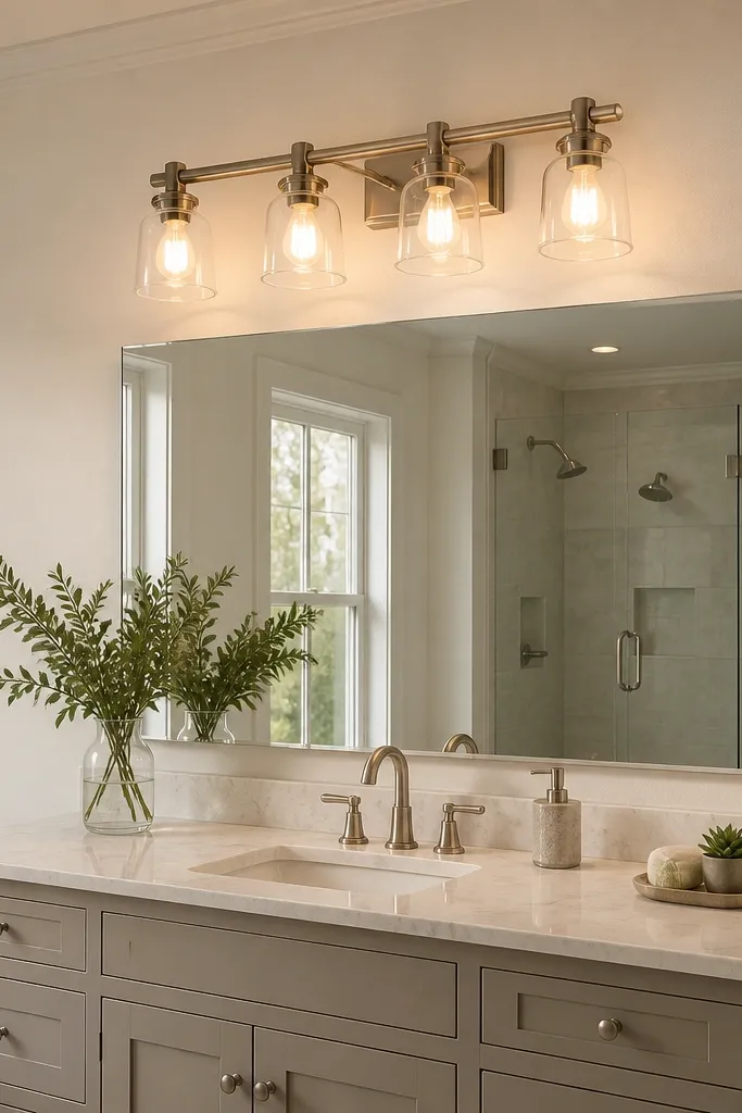 Wall sconce or vanity light with warm 2700K bulbs over a mirror