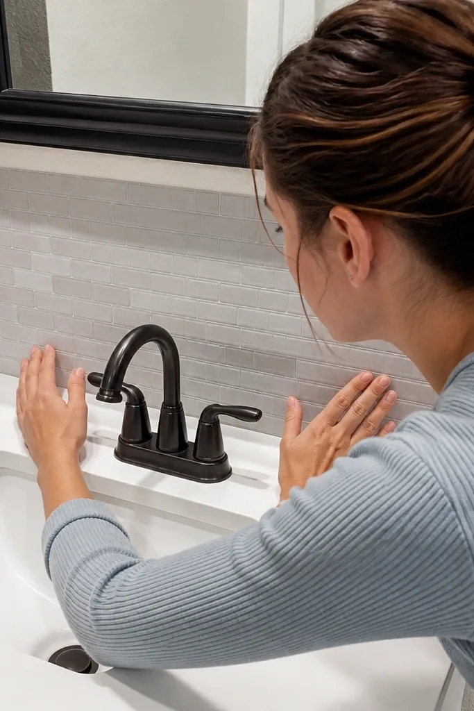 White vanity with a clean backsplash strip behind the faucet