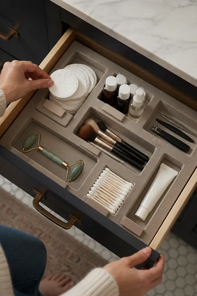 Bathroom drawer with neat foam trays and labeled bottles