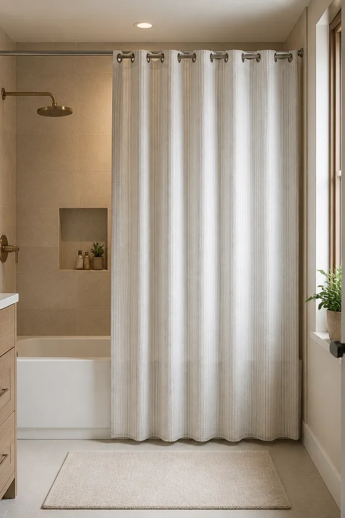 Neat shower curtain with no pooling at the bottom