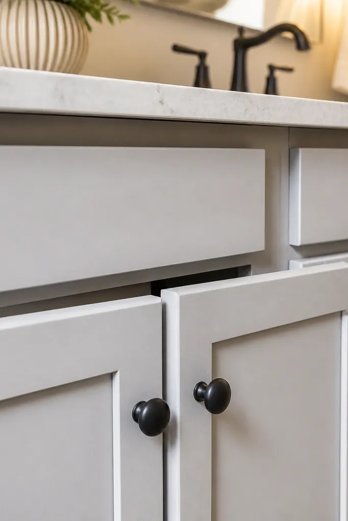 Vanity cabinet doors with new knobs and smooth soft-close alignment