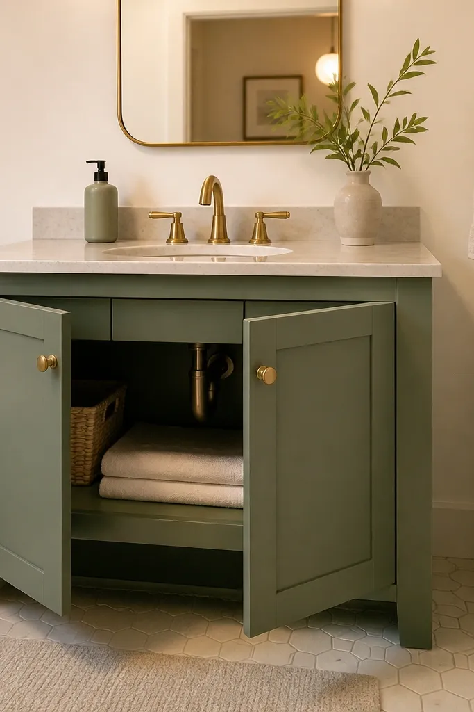 Freshly painted vanity cabinet in warm white with smooth finish
