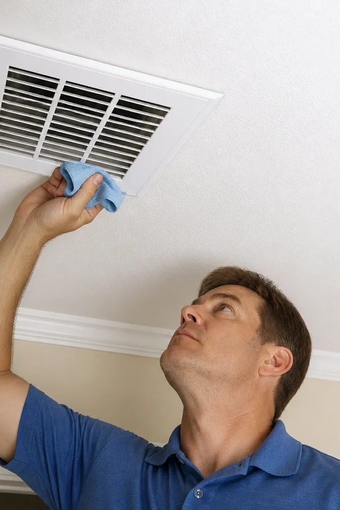 New paintable vent grille in warm white on a bathroom ceiling