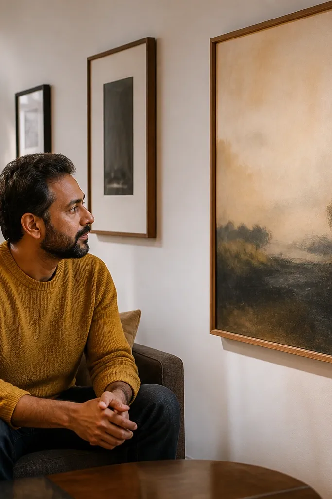 Large framed artwork above a sofa with a tape-marked height line