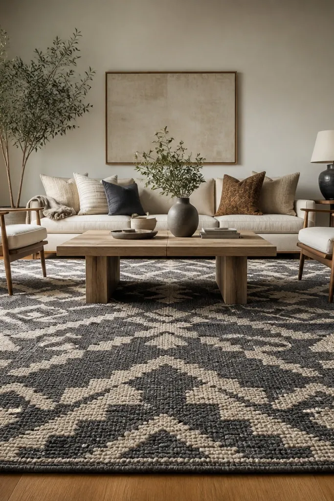 Small rug under a sofa with chair legs falling off the edges