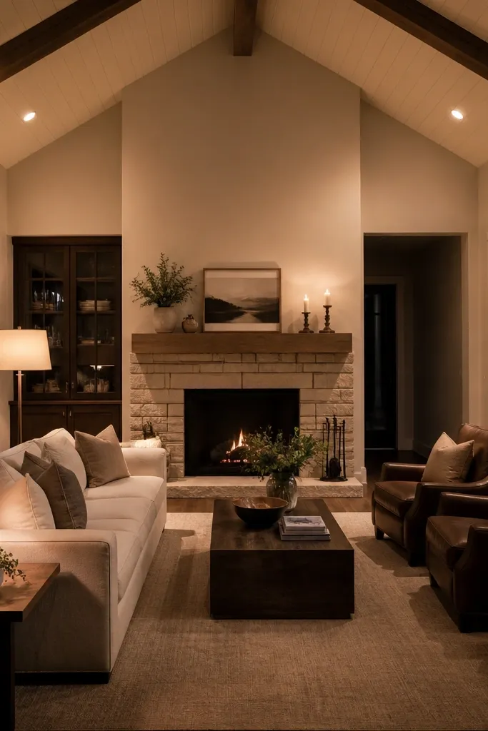 Bright ceiling light with dark corners around seating