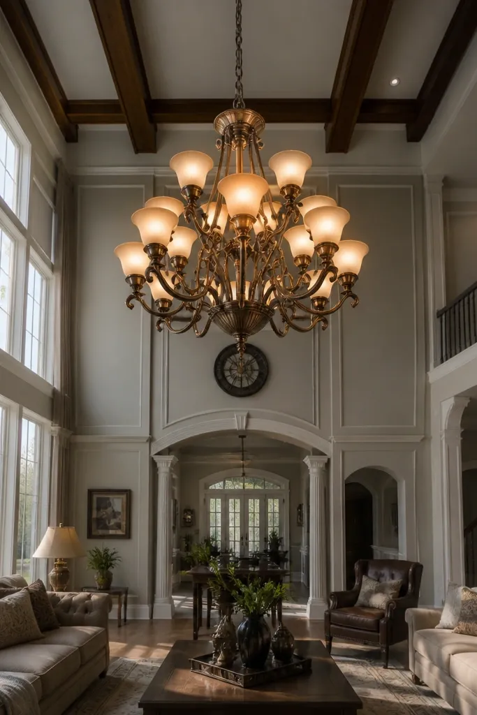 Small chandelier hanging in a huge open ceiling