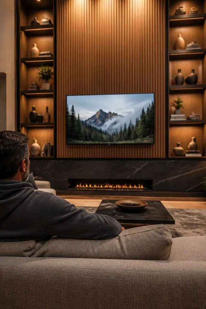 TV mounted high on a tall wall above a sofa