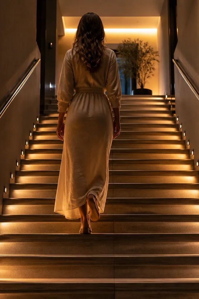 Stairs with dim lighting and shadowed steps