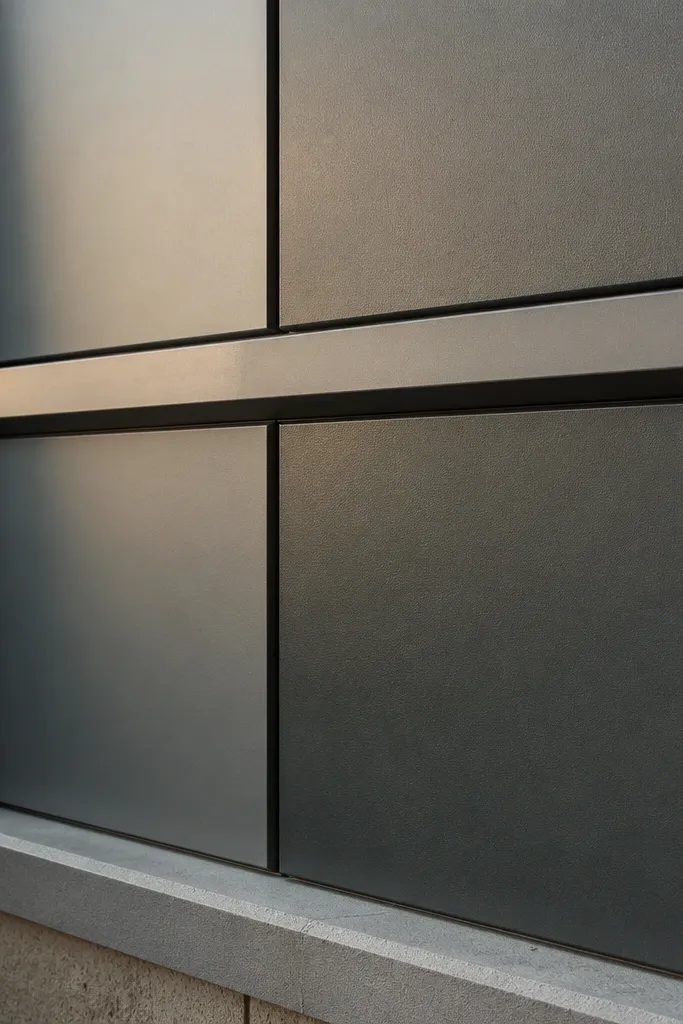 Metal trim and panels with mismatched shades on a modern facade