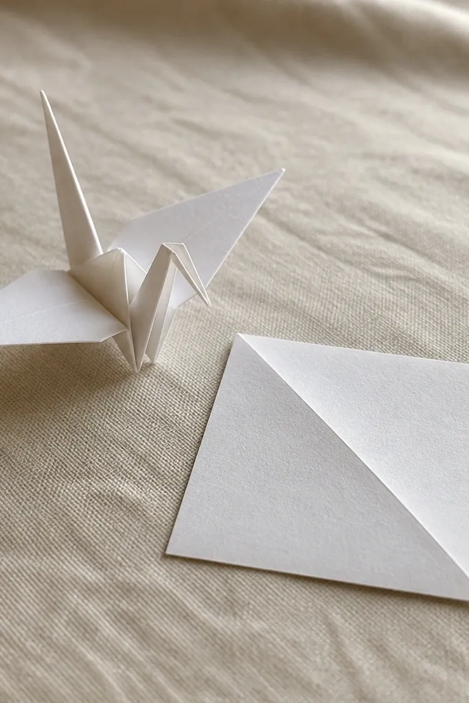Folded white paper crane with sharp wings and a pointed beak