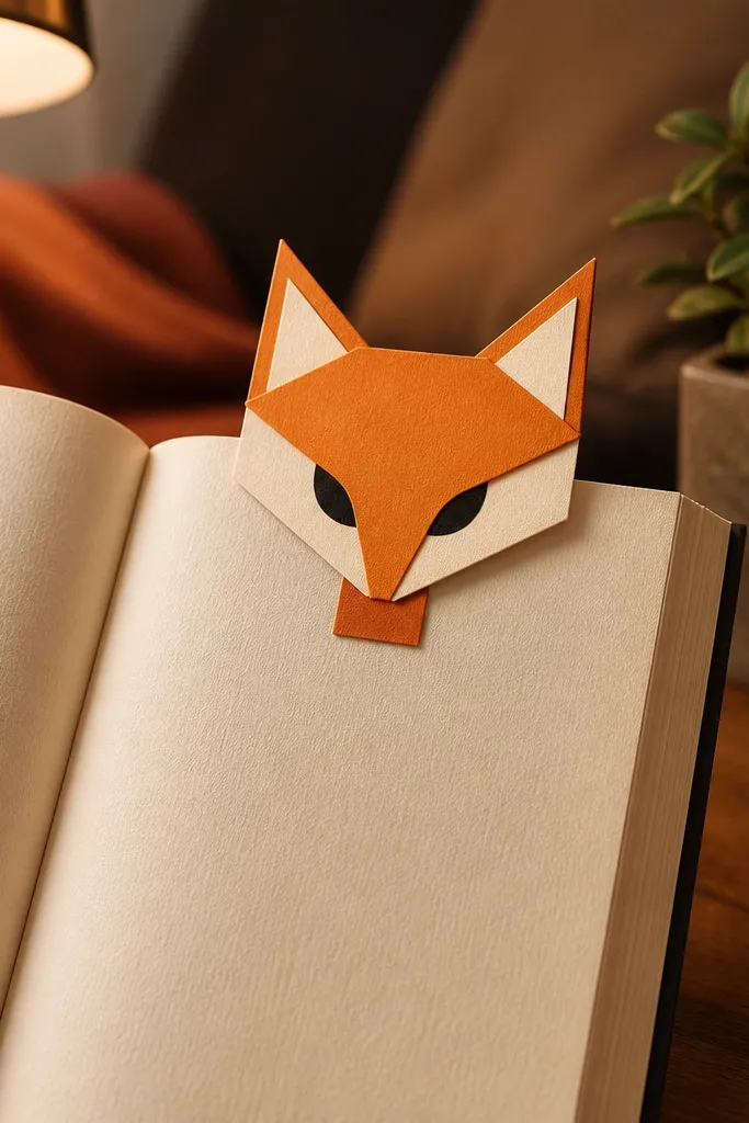 Orange paper fox head bookmark with pointed ears and a curled tail tab