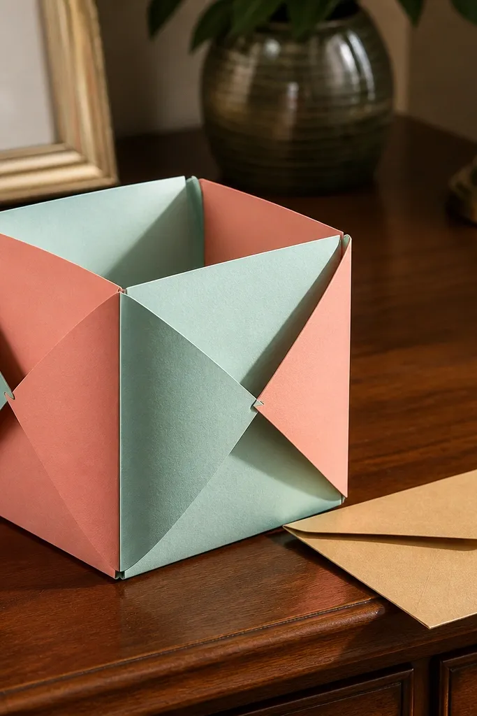 Small folded paper cube with a folded top that looks like a balloon