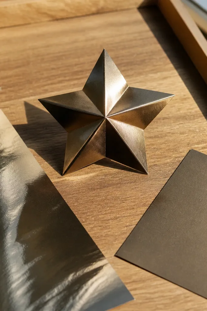 Five-point folded paper star with crisp edges and a small twist at the tips