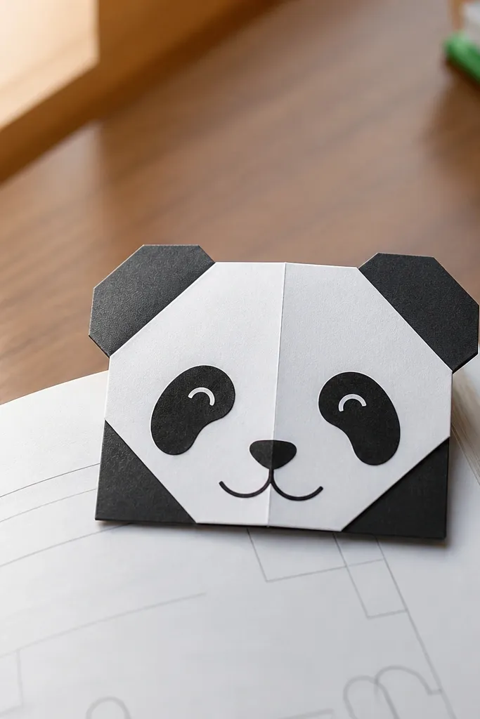 Black and white paper panda face with folded ears and a centered snout