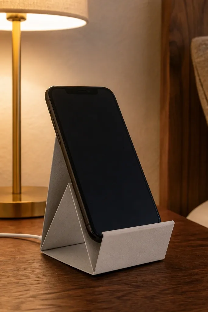 Folded paper phone stand with a slanted support and triangular base