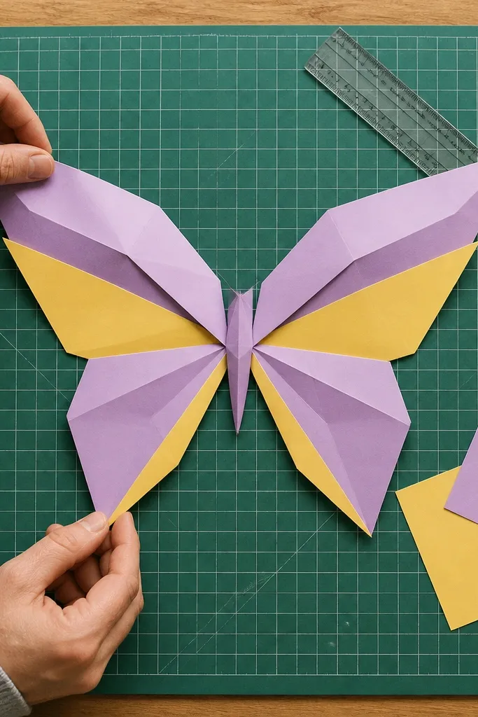Folded paper butterfly with two matching wings and a small body crease