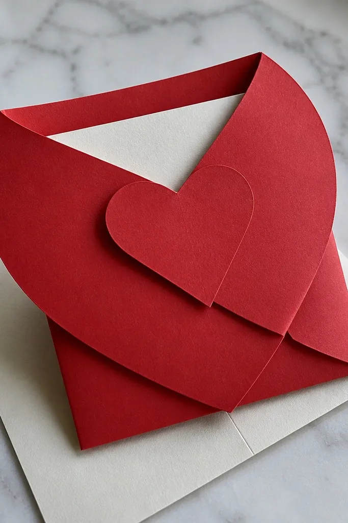 Folded paper heart-shaped envelope holding a small note