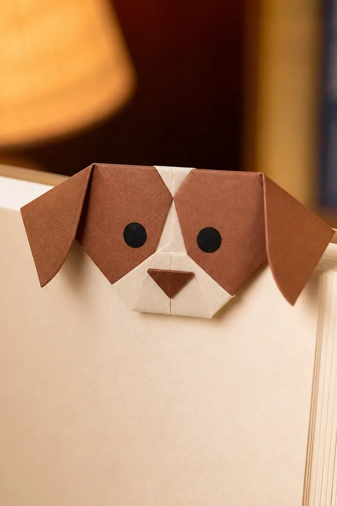 Paper bookmark shaped like a dog with floppy folded ears and a snout flap
