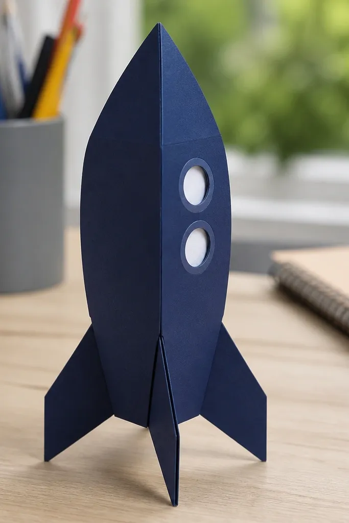 Standing paper rocket with a pointed nose and folded fins