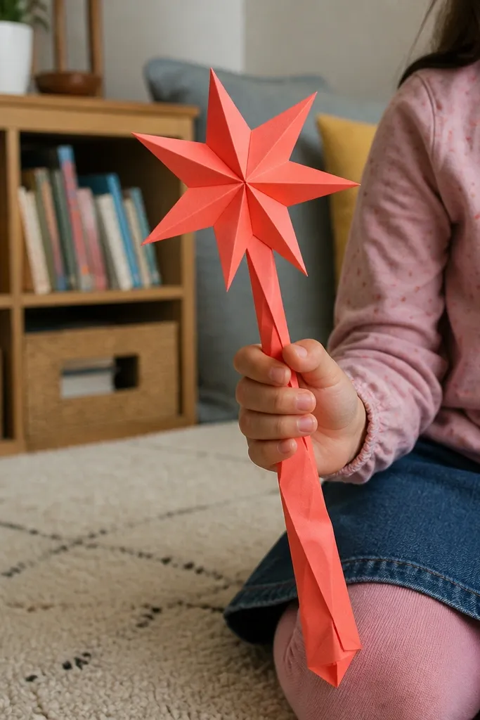 Paper star wand with a folded handle and pointed star tip