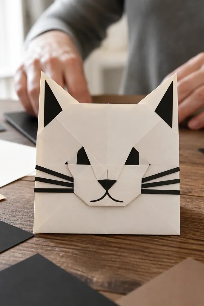 Paper cat face with folded ears and whisker-like paper edges
