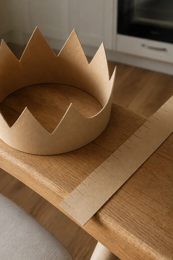 Folded paper crown with pointed tips and a band that fits a head