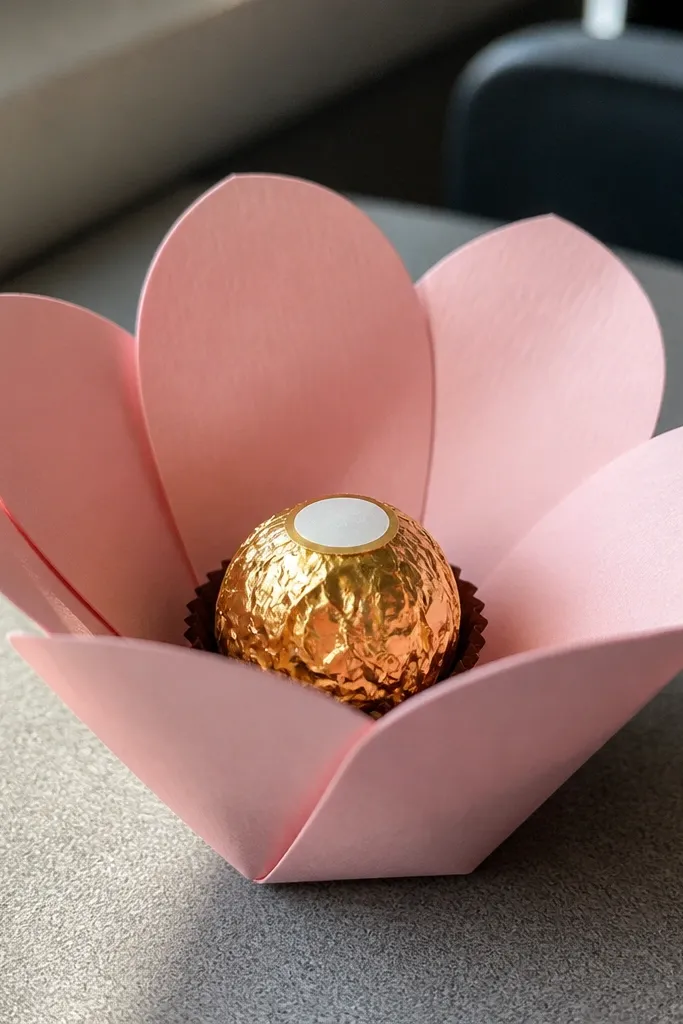 Folded paper flower shaped cup with petals and a small opening