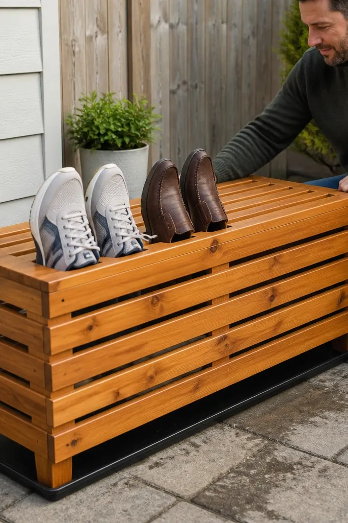 Cedar bench on a porch with raised slatted compartments for shoes