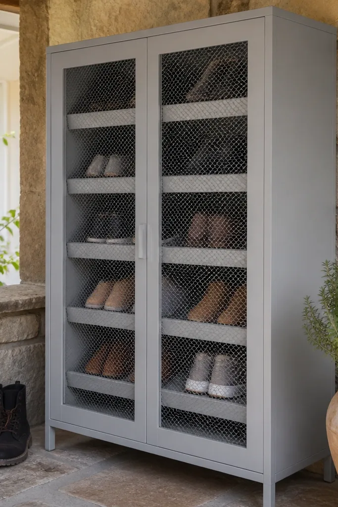 Tall cabinet with mesh doors on a patio, shoes inside on angled shelves