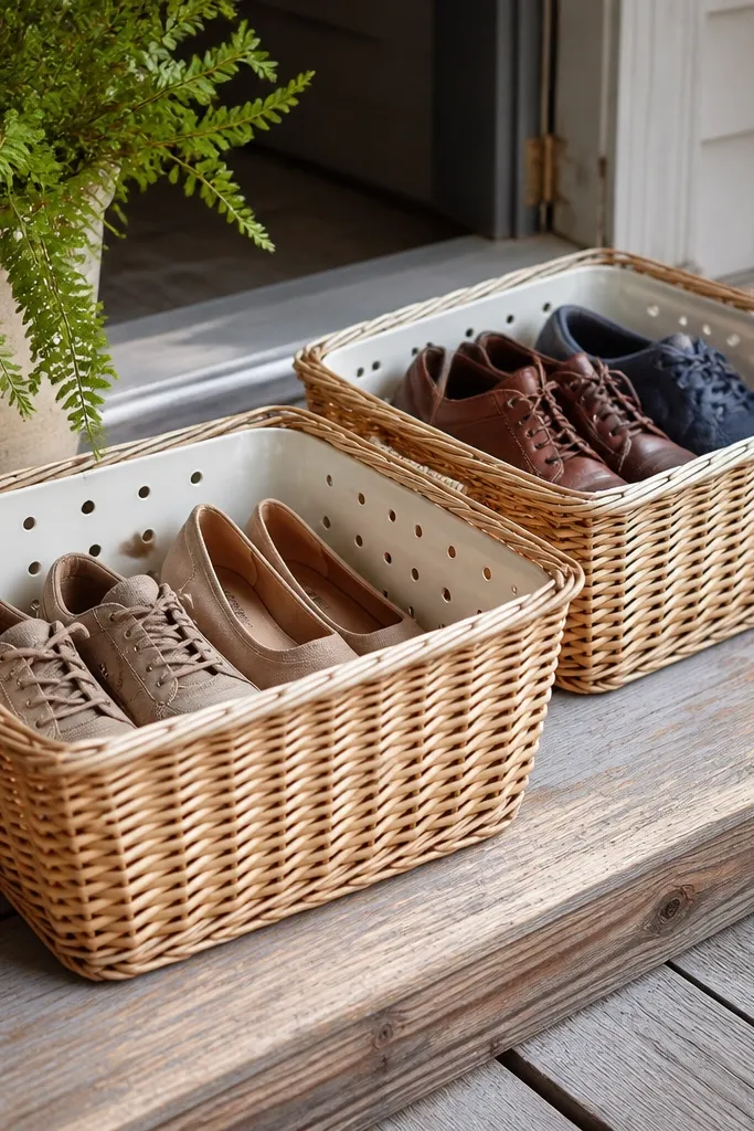 Three wicker baskets on a porch, each with a liner and small drain holes