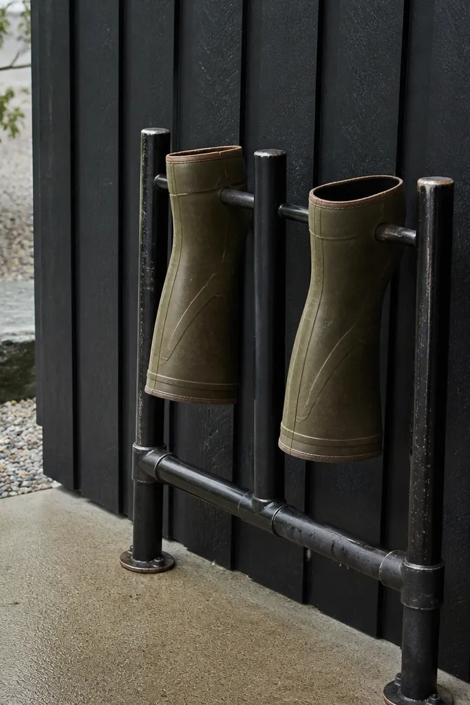 Steel pipe boot rack with two upright frames and hanging boots