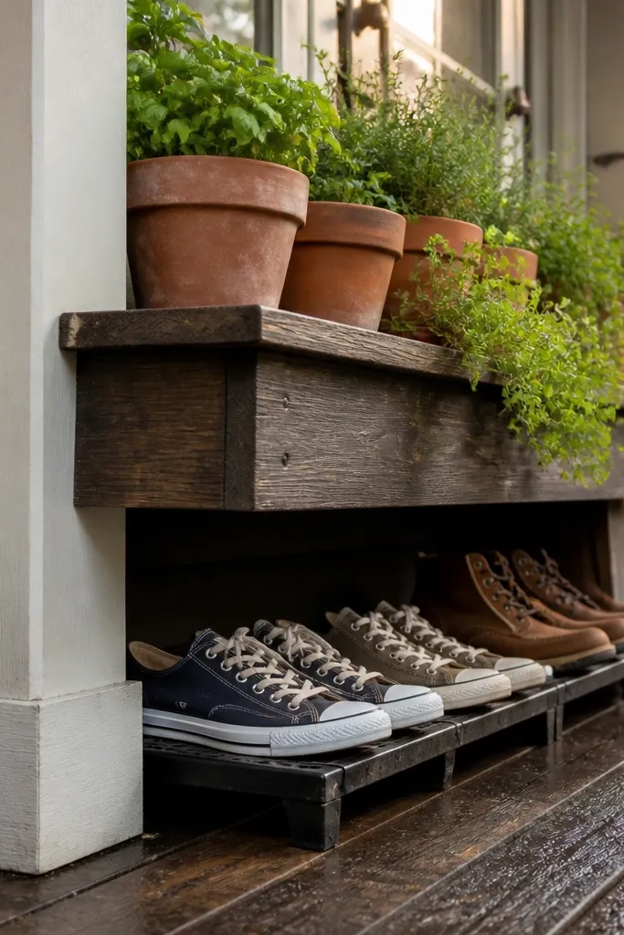 Raised planter shelf with shoes stored under a wood lip on a porch