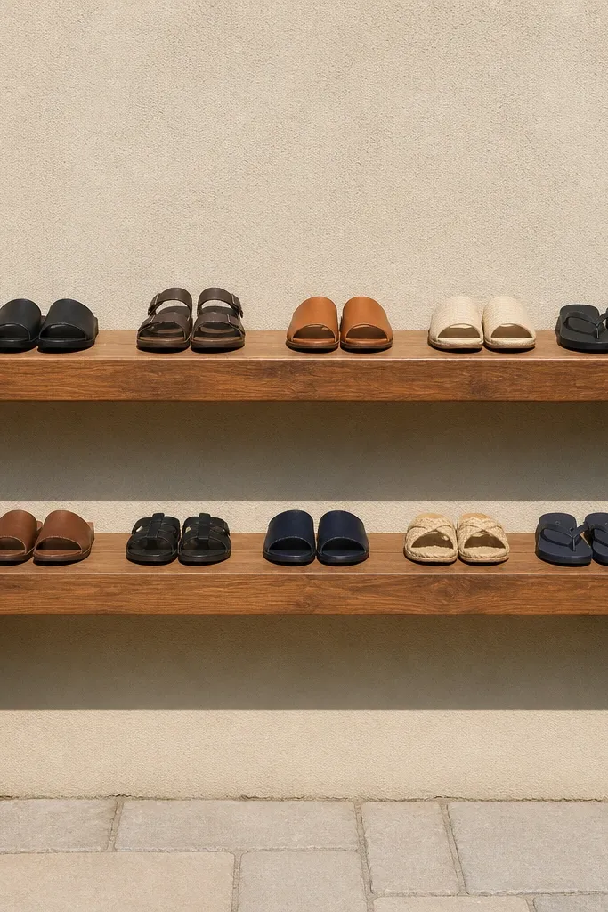 Wall-mounted floating ledge with small shoes lined up neatly
