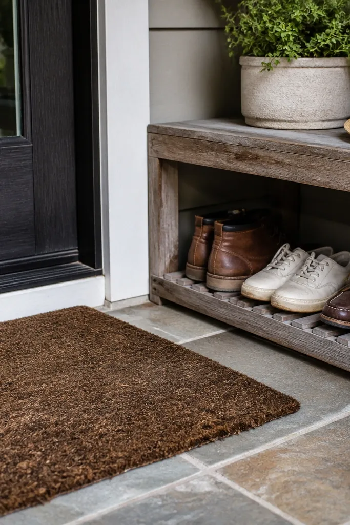 Coir doormat with a small tray shelf beneath for shoe storage