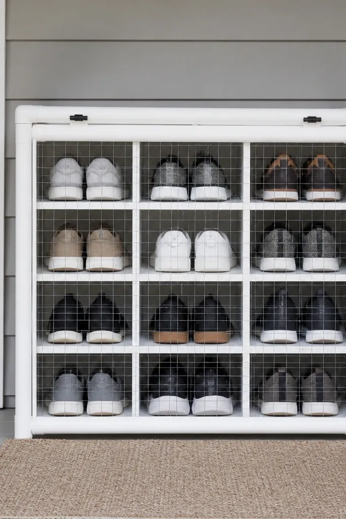 White PVC shoe rack with a clear grid front on a patio porch