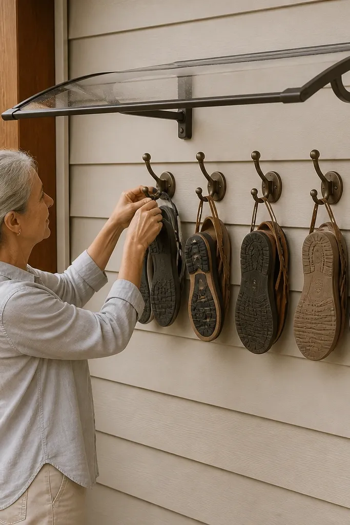 Wall-mounted shoe hooks with a small awning cap holding sandals