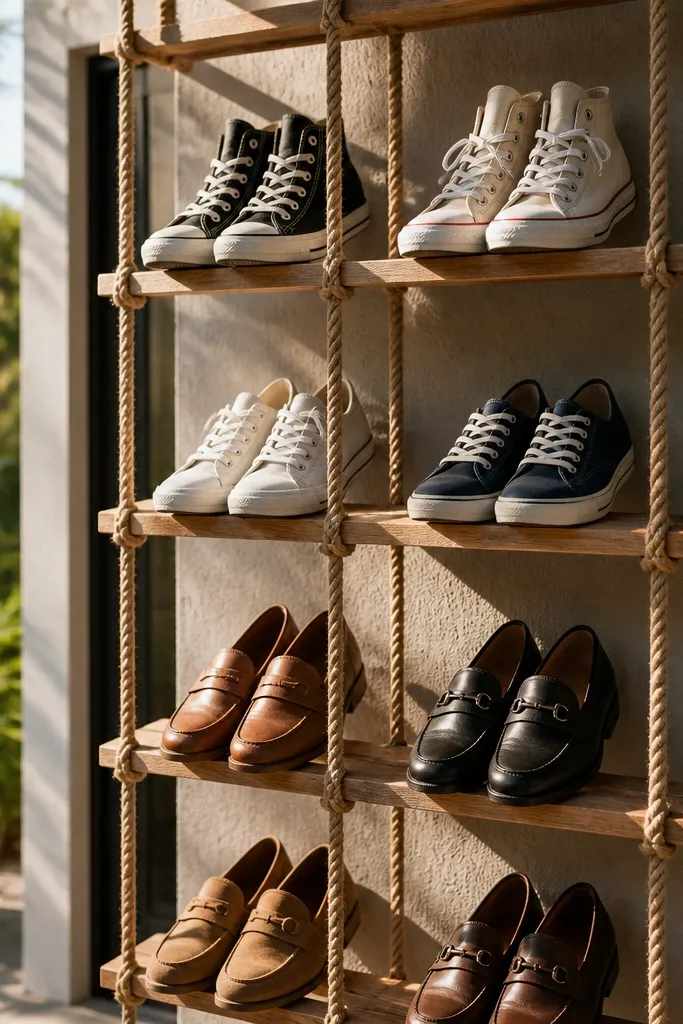 Rope-slung outdoor shelves with shoes on evenly spaced wooden perches