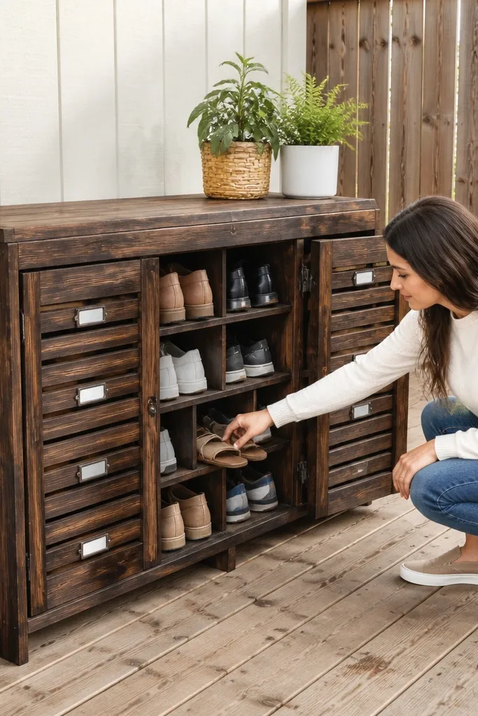 Wood storage crate with slatted doors and neat shoe compartments