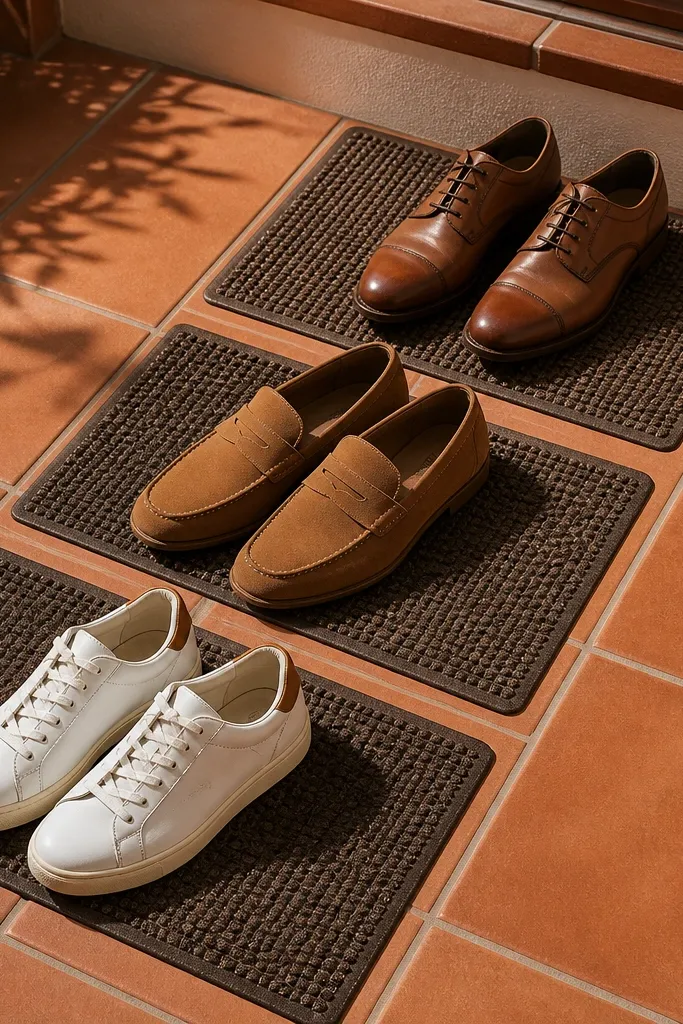 Porch floor shoe area with terracotta base and raised mats for each pair