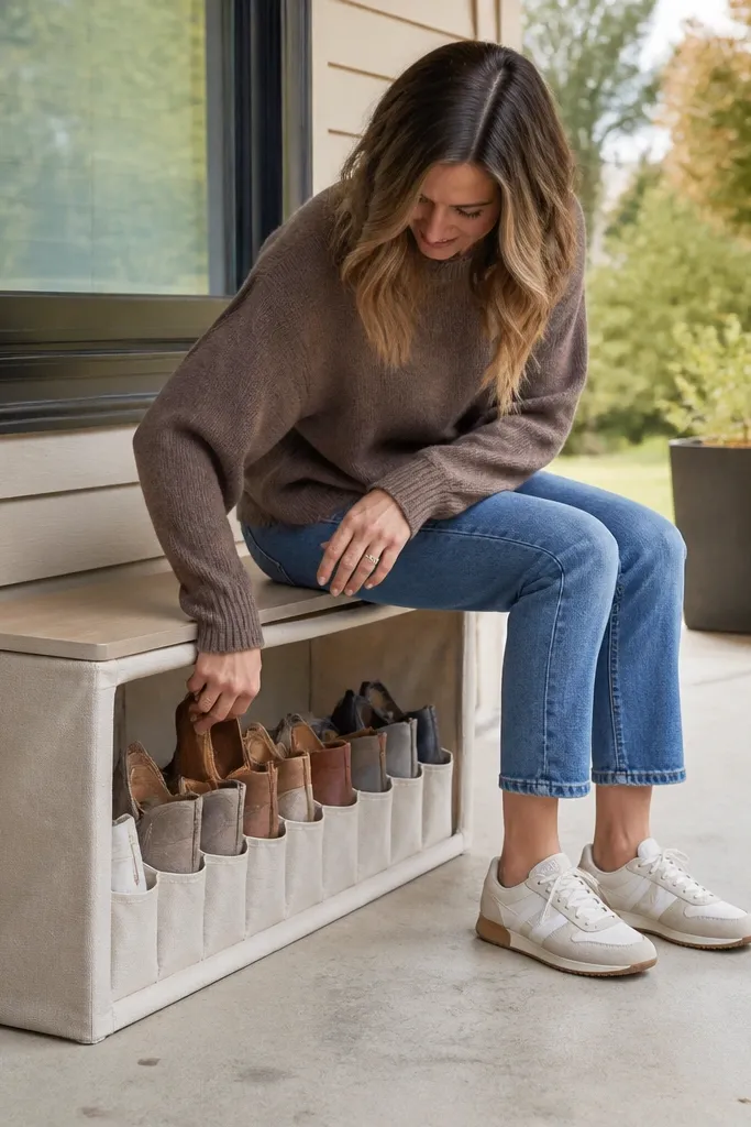 Bench with canvas side panels holding shoes in removable liners