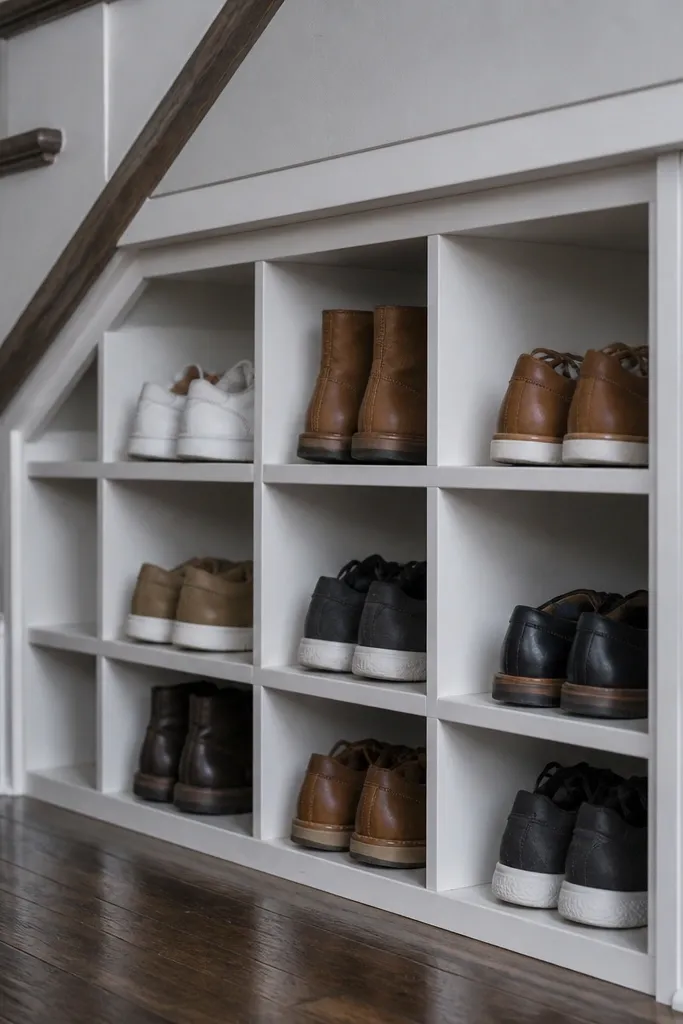Shallow niche under stairs with vent slats and aligned shoe cubbies