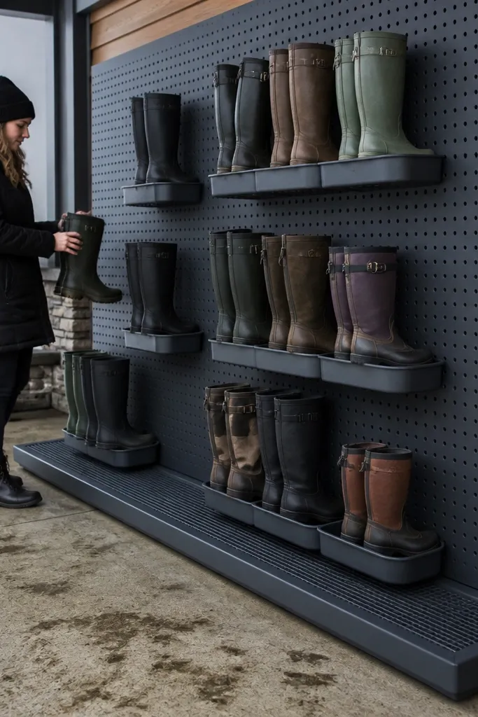 Pegboard wall with boot trays and a small drip shelf beneath