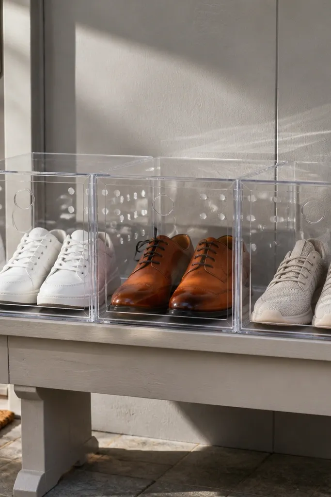 Clear vented acrylic boxes on a porch storing shoes in neat rows